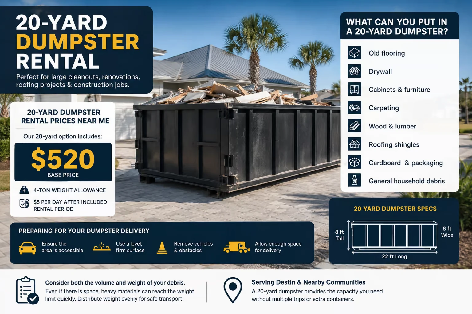 20-yard dumpster rental infographic showing accepted debris, $520 base price, 4-ton weight allowance, delivery preparation tips, and dumpster specifications for Destin, Florida.
