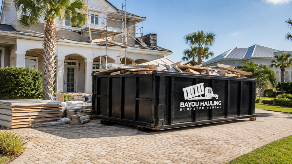 20-yard roll-off dumpster rental in Destin, Florida for 20-Yard Dumpster Rental Prices Near Me, filled with renovation debris on a residential driveway.