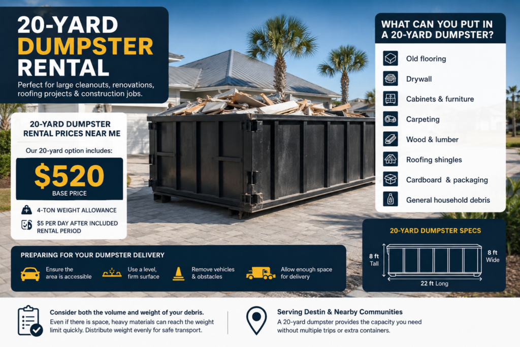 20-yard dumpster rental infographic showing accepted debris, $520 base price, 4-ton weight allowance, delivery preparation tips, and dumpster specifications for Destin, Florida.