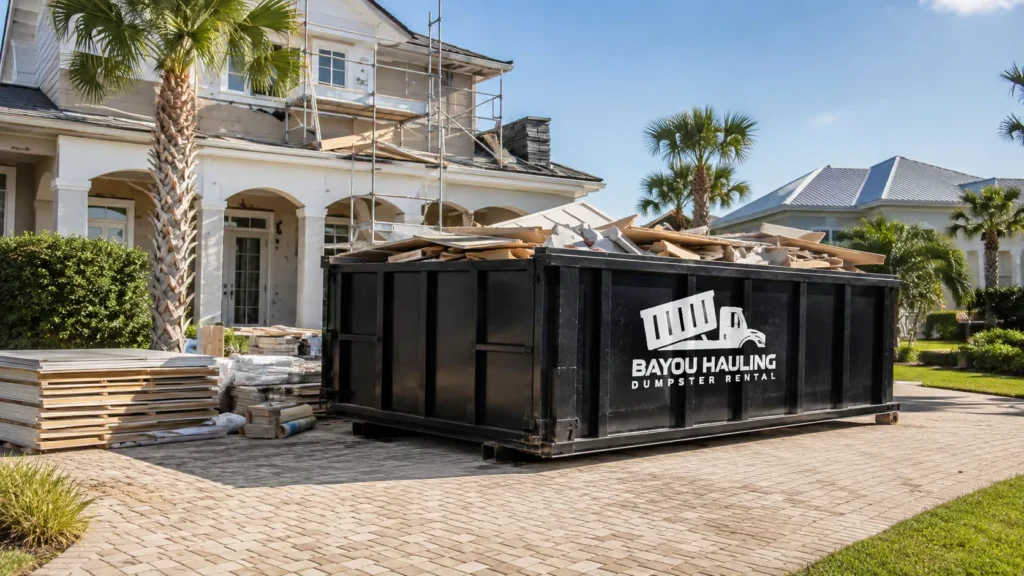 20-yard roll-off dumpster rental in Destin, Florida for 20-Yard Dumpster Rental Prices Near Me, filled with renovation debris on a residential driveway.