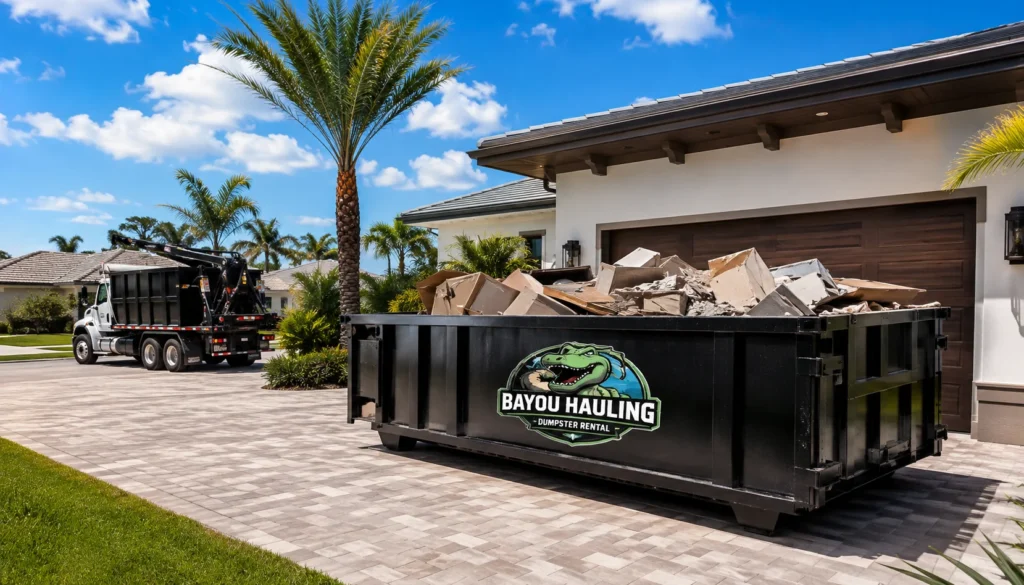 12-yard black Bayou Hauling dumpster filled with household and renovation debris on a residential driveway in Destin, Florida, with a modern coastal home, palm trees, landscaping, and a dumpster rental truck in the background.