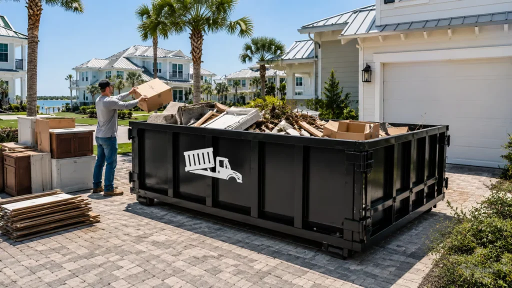 15-yard dumpster rental filled with renovation debris outside a Florida home in Destin, FL