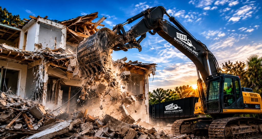 Bayou Hauling excavator performing professional demolition services at a residential property in Destin, FL."