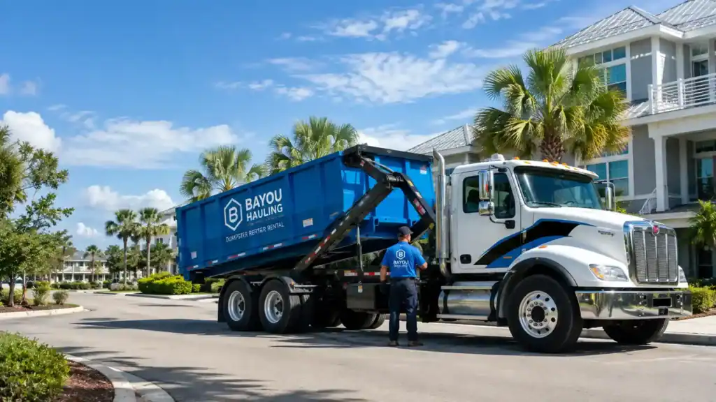 Professional Bayou Hauling truck providing reliable Hauling Services with a roll-off dumpster in a clean Florida neighborhood.