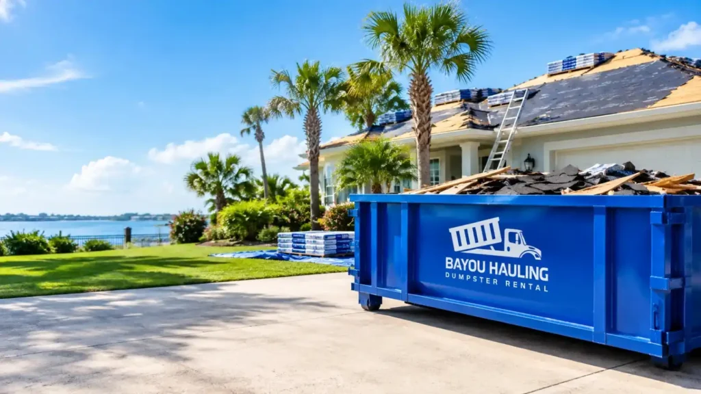 Bayou Hauling roofing dumpster on residential driveway