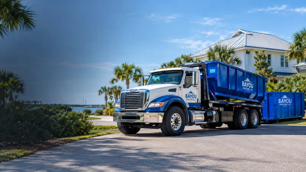 Bayou Hauling LLC roll-off dumpster truck parked in a residential neighborhood in Destin, Florida.